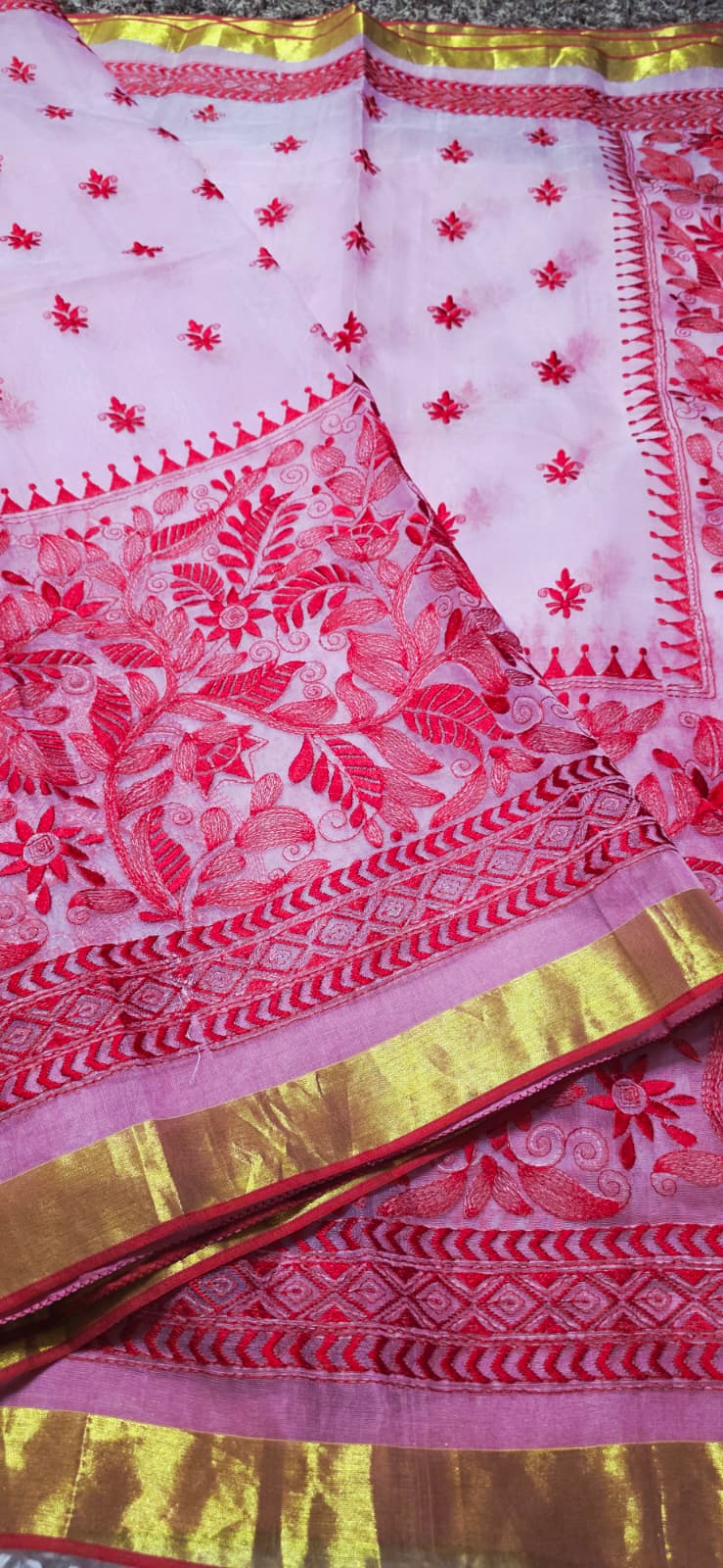 Baby Pink Masleen Jamdani Embriodary Handloom Saree  SilkMarkCertified
