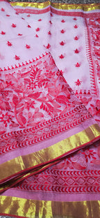 Baby Pink Masleen Jamdani Embriodary Handloom Saree  SilkMarkCertified
