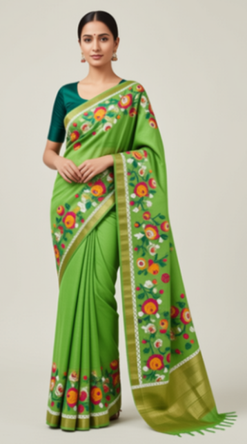 Parrot Green Masleen Jamdani Embriodary Handloom Saree  SilkMarkCertified Hover Image