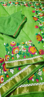Parrot Green Masleen Jamdani Embriodary Handloom Saree  SilkMarkCertified