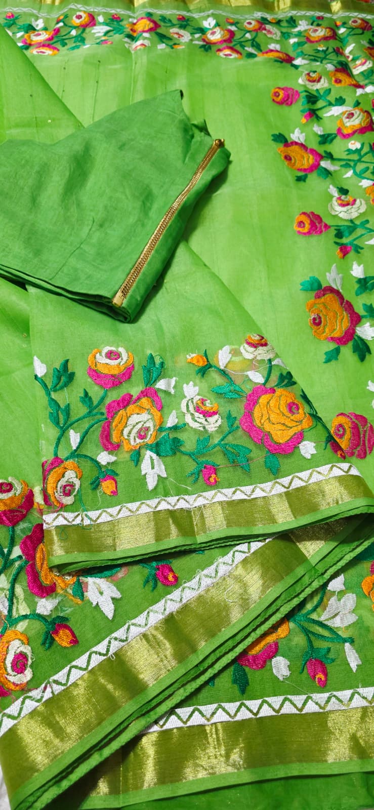 Parrot Green Masleen Jamdani Embriodary Handloom Saree  SilkMarkCertified